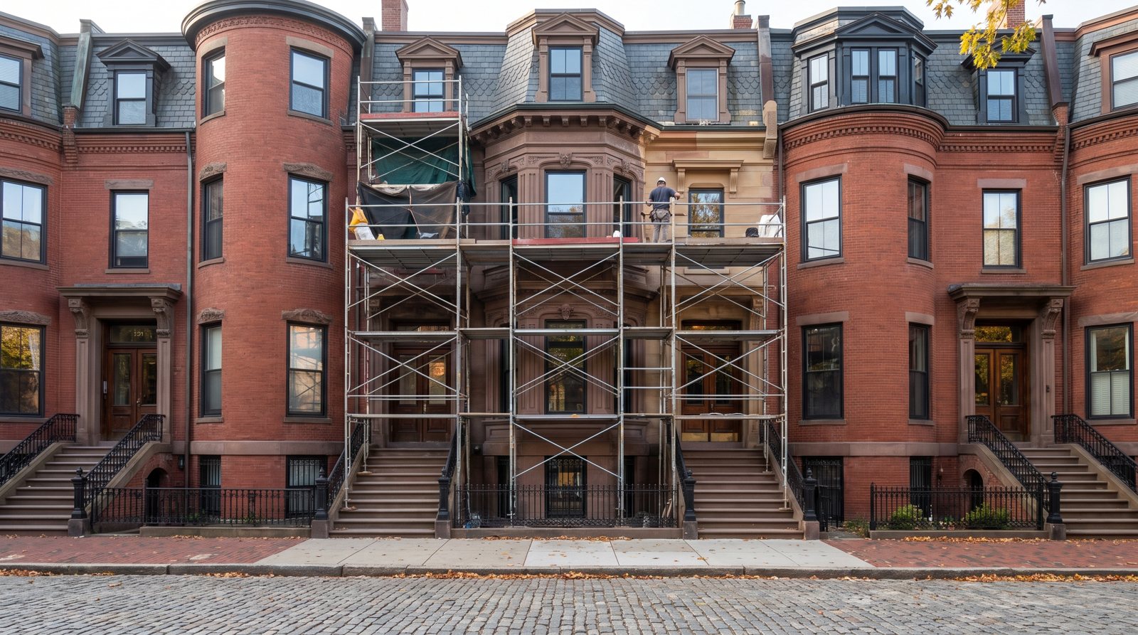 A brownstone facade under careful restoration